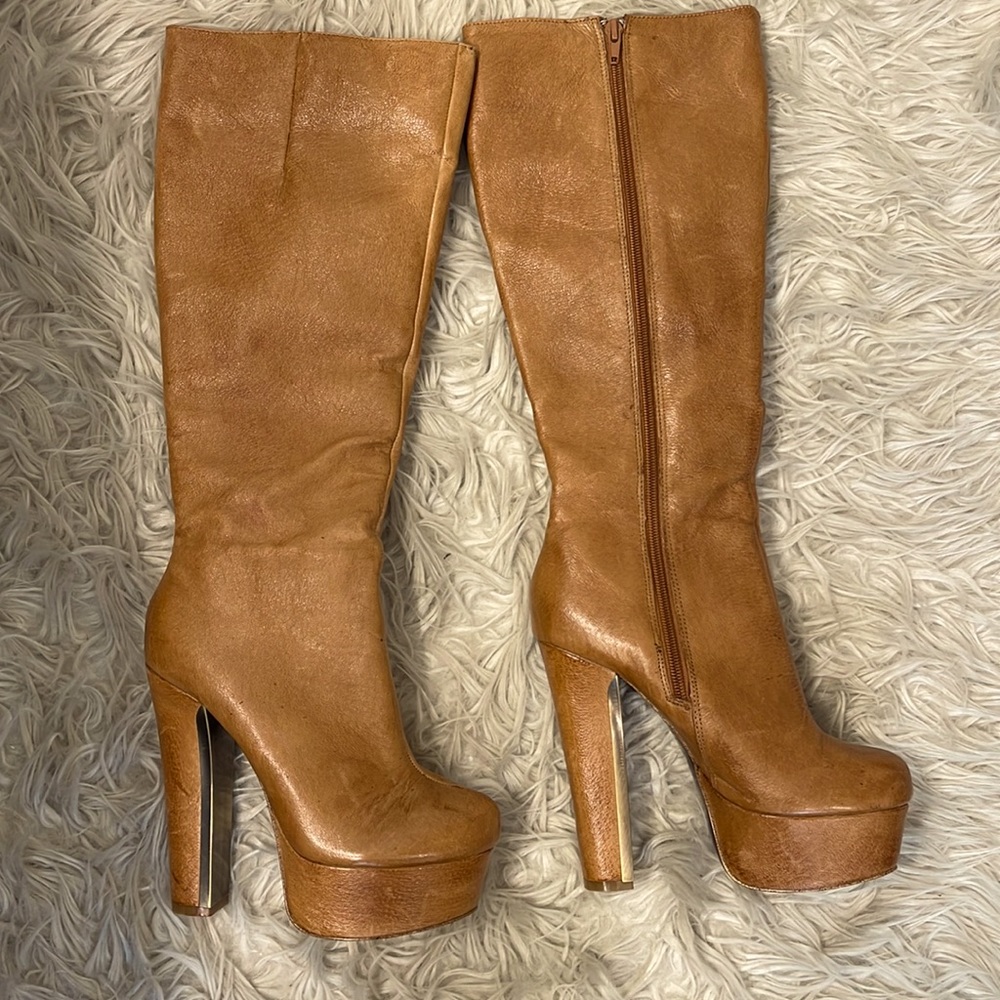 H by Halston leather Tan platform boots
